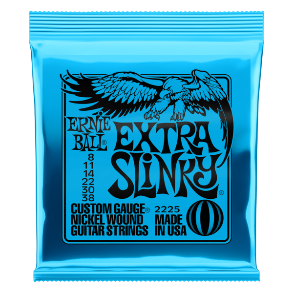 Blauwe verpakking van een set 'Extra Slinky' gitaarsnaren.