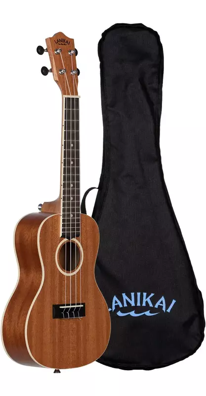 Ukelele met daarnaast een zwarte tas met de naam Lanikai.